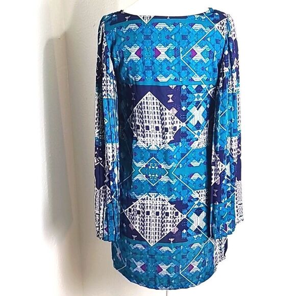 love FIRE Teal, Navy Blue & White Boho Dress, Wide Pleated Longsleeves, Sz Small - Picture 7 of 11
